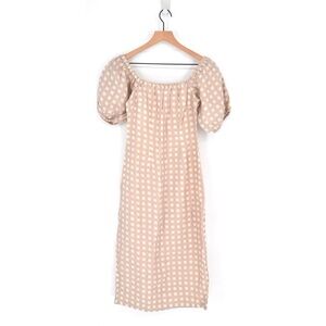 Winston White Lotus Off The Shoulder Linen Midi Dress Gingham Mauve Pink Cream S